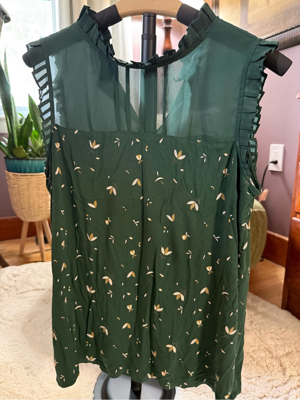 RW&CO. Dark Green Ruffle Trim Sleeveless Top